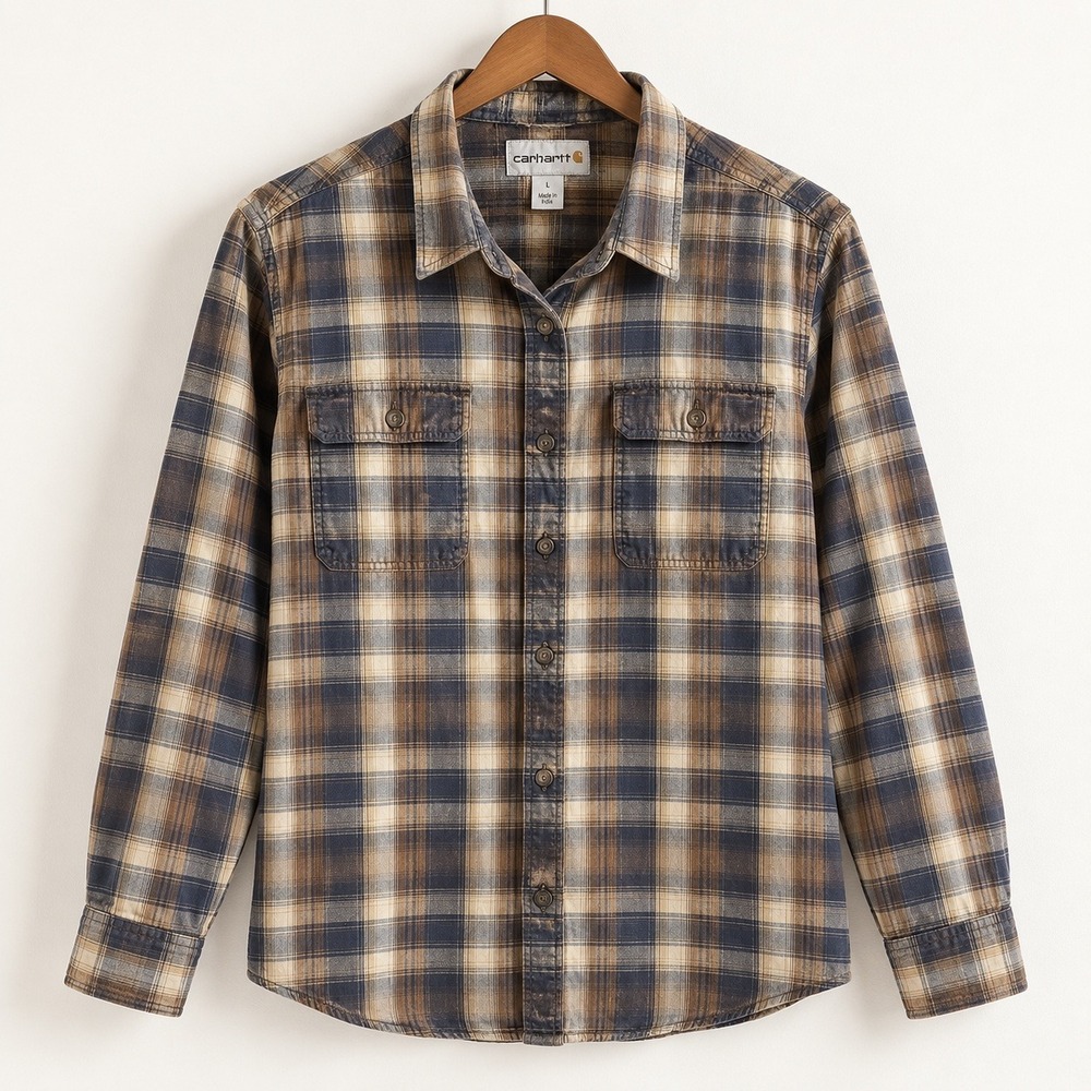 Carhartt 100139 Original Fit Plaid Flannel Shirt Size L Brown Blue Long Sleeve